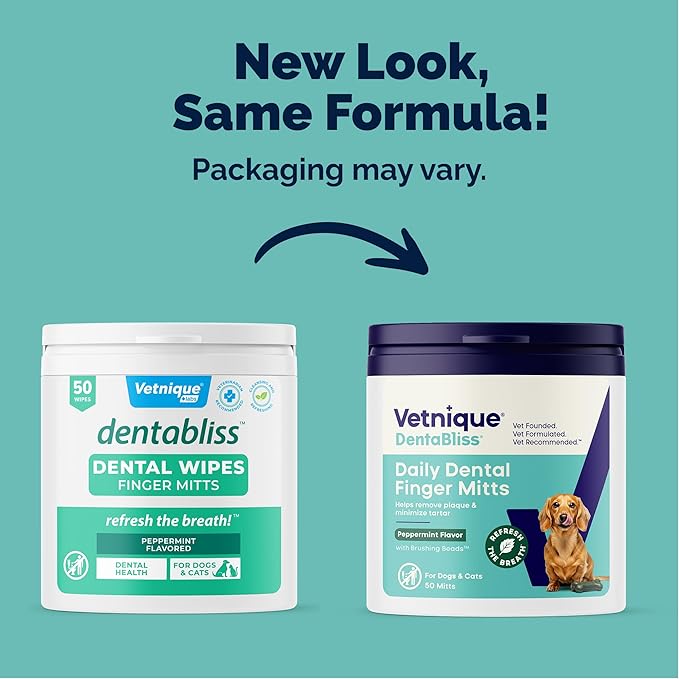 Vetnique Dentabliss - Dog Teeth Cleaning Finger Mitt Dental Wipe - Dog Plaque and Tartar Prevention with Brushing Beads - Convenient Dog Teeth Wipes with Peppermint, Dog Breath Freshener