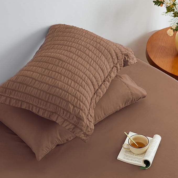 Love's cabin Seersucker Mocha Mousse King Size Comforter Set, 7-Piece All Season Lightweight Bed in a Bag Bedding Set with Comforter, Flat Sheet, Fitted Sheet, Pillowcases and Shams | Soft, Breathable, Lightweight