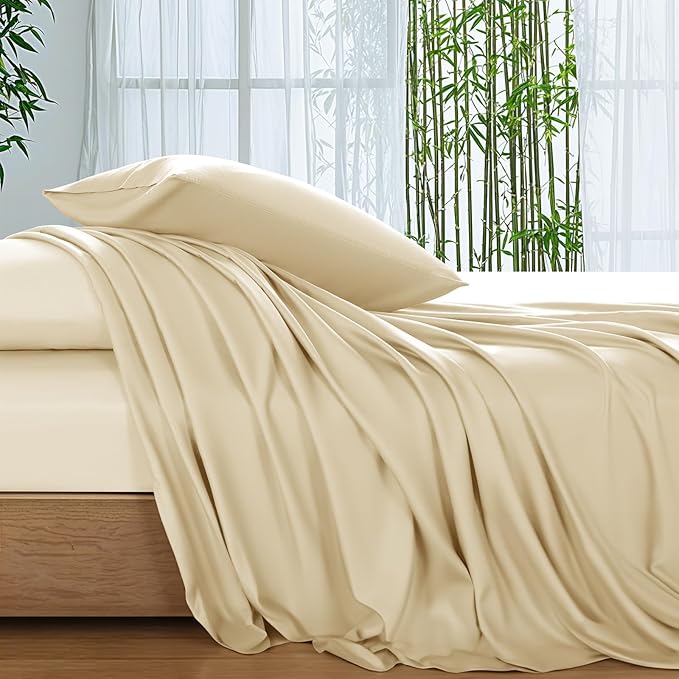 SONORO KATE 100% Viscose Derived from Bamboo_Sheets Full Size, Ultra Breathable & Cooling Bed Sheets for Hot Sleepers, Hotel Luxury Silky Bedding Sheets, 16" Deep Pocket - 4PC (Beige,Full)
