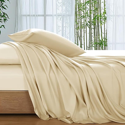 SONORO KATE 100% Viscose Derived from Bamboo_Sheets Cal King Size, Ultra Breathable & Cooling Bed Sheets for Hot Sleepers, Hotel Luxury Silky Bedding Sheets, 16" Deep Pocket - 4PC (Beige,Cal King)