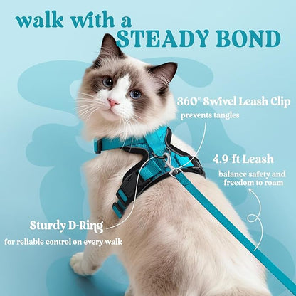 rabbitgoo Cat Harness and Leash for Walking, Escape Proof Soft Adjustable Vest Harnesses for Cats, Easy Control Breathable Reflective Strips Jacket, Teal, S