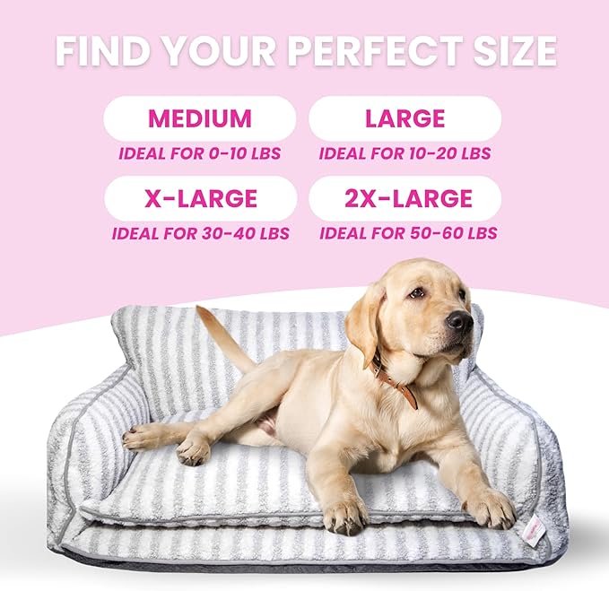 Glow Pups Dog Bed Cozy Sofa, Striped Pattern Cat Bed with Soft Faux Lambswool Cushion, Machine Washable Cotton Blend, Three-Sided Design, Grey/White, XX-Large 47.24" L x 27.55" W x 15.75" Th