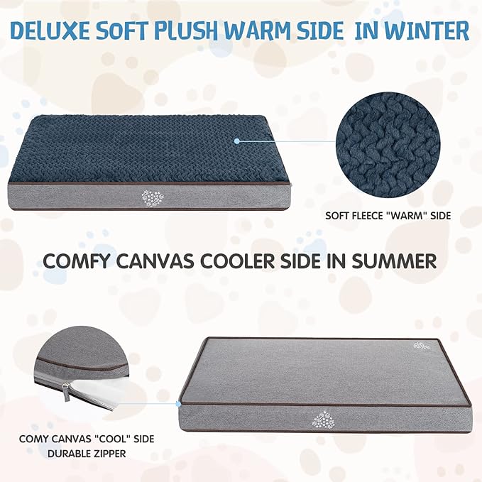 VANKEAN Dog Bed Soft Crate Pad Mat Reversible Warm& Cool, Washable Comfy Kennel Pad with Orthopedic Egg-Crate Foam for Small Medium Large Dogs, Water-Resistant Pet Bed, Grey