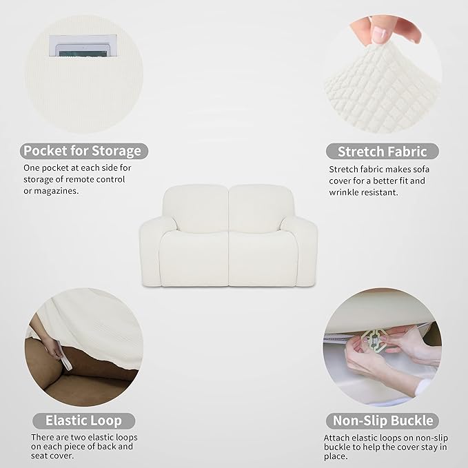 Easy-Going 100% Dual Waterproof Recliner Loveseat Cover, 6-Pieces Stretch Relining Sofa Cover with Pocket, Jacquard 2 Seat Sofa Slipcover Leakproof Washable (Loveseat, Cream)