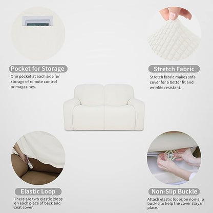 Easy-Going 100% Dual Waterproof Recliner Loveseat Cover, 6-Pieces Stretch Relining Sofa Cover with Pocket, Jacquard 2 Seat Sofa Slipcover Leakproof Washable (Loveseat, Cream)