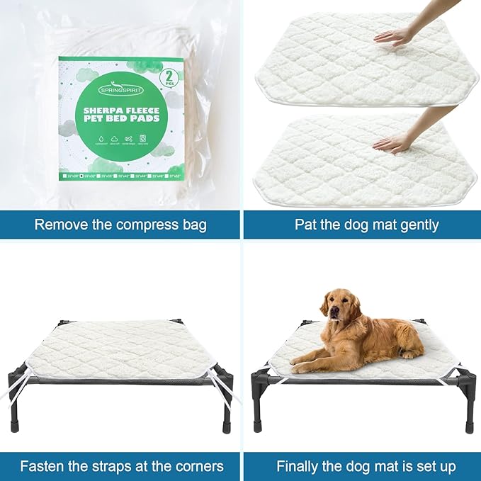 Elevated Dog Bed Pad Waterproof 2 Pack, Soft Plush Dog Pet Pad Large for Dog Cot Bed, Machine Washable Dog/Cat Beds Pad with Corner Straps, Waterproof (Pad Only, Bed not Included)