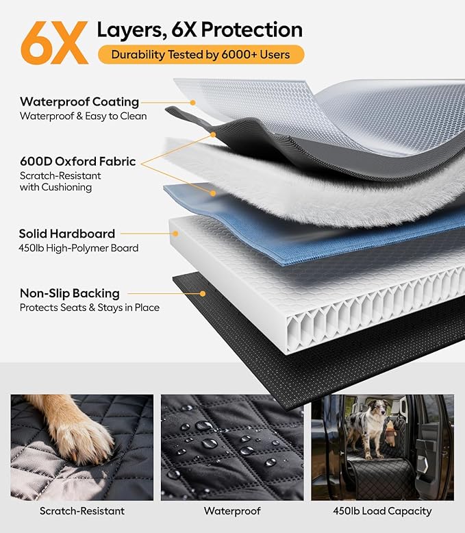 Wigoo Dog Truck Seat Cover for Back Seat, 450lb Support Hard Bottom Hammock for 1–4 Large Dogs, Waterproof & Anti-Scratch Backseat Protector, Car Bed Extender for Truck & SUV, Size-XL, Black+Orange