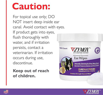 Zymox Advanced Enzymatic Ear Wipes for Dogs and Cats - for Dirty, Waxy, Smelly Ears - Premium Strength Ear Cleaner Wipes - Non-Irritating - Hypoallergenic (100 Count-Pack of 2)