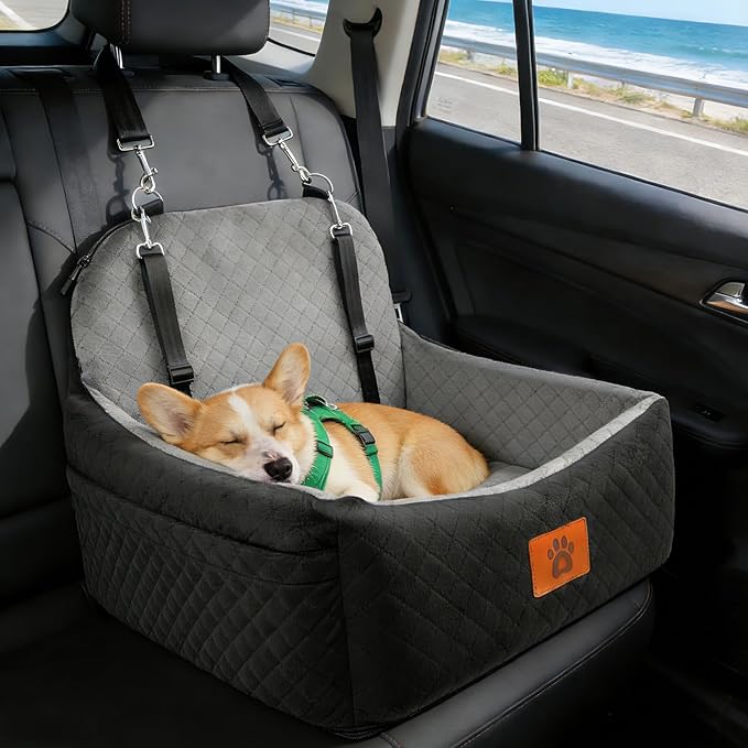 Small Dog Car Seat for Small Dogs Under 30 lbs, Memory Foam Pet Car Seat with Joint Relief & Washable Cover, Portable Travel Bed for SUV/Sedan (Black/Grey)