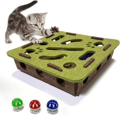 Interactive Soft Felt Cat Puzzle Toy with Ball and Bell，cat Nail File Enrichment Box，Cat Toy Box for Indoor Cats and Kittens，Indoor Hunting Play Toy (Green)