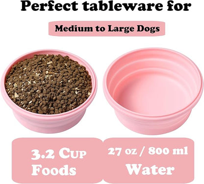 Joyinjojo Collapsible Dog Bowls with Lids, 2 Pack Portable Travel Dog Bowls for Small Medium Large Dogs, Silicone Foldable Outdoor Dog Cat Food Water Bowls for Camping Hiking Road Trip, Pink 27 oz