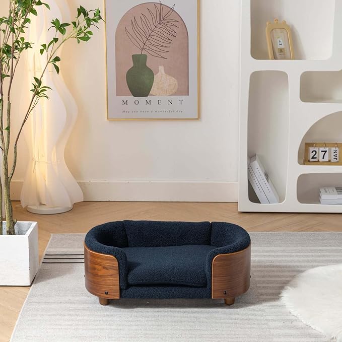 Elevated Pet Sofa Bed with Solid Wood Legs, Bent Wood Back, and Cashmere Cushion - Luxury Pet Furniture for Cats and Dogs, Dark Blue & Walnut