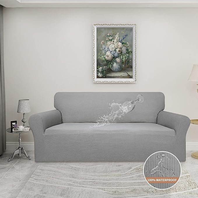 Easy-Going 100% Waterproof Couch Cover, Dual Waterproof Sofa Cover, Stretch Jacquard Sofa Slipcover, Leakproof Furniture Protector for Kids, Pets, Dog and Cat (Sofa, Light Gray)