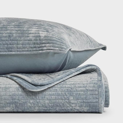 EVERGRACE Velvet Quilt Set King Size, Luxurious Soft Quilted Bedding Sets, Lightweight Velvet Comforter for All Season, Striped Channel Bedspread Coverlet with 2 Shams, 104" x 92", Blue Linen