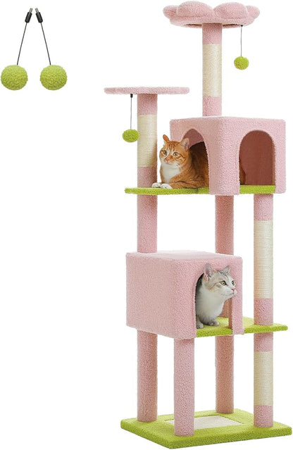 MUTTROS Flower Cat Tree, 62-Inch Large Cat Tower for Multi-Cat Households w/Scratching Posts, Multi-Level Cat Condo w/Cozy Top Perch & Scratching Pad, Padded Platform, 2 Pompoms, Pink
