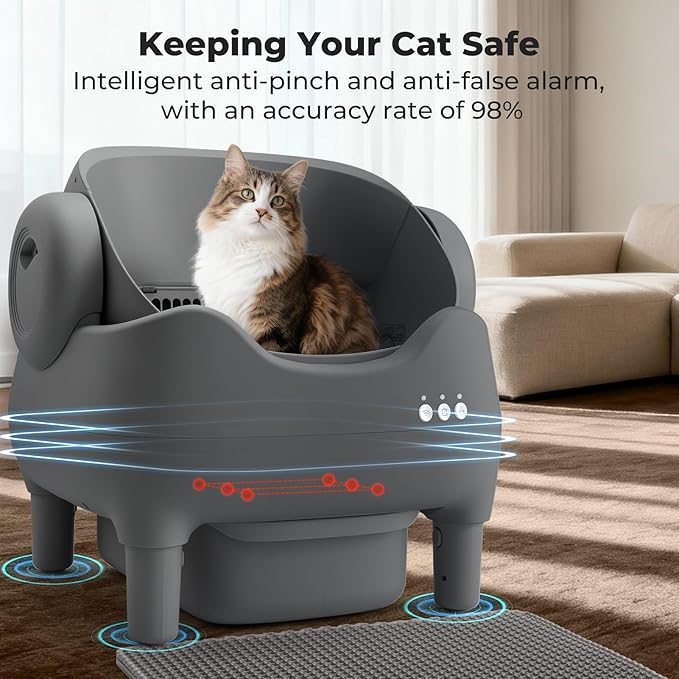 KITPLUS Self Cleaning Litter Box, Automatic Cat Litter Box with APP Control, Odor-Free Waste Disposal Includes Trash Bags, Large Waste Bin, Open-Top, for Multiple Cats
