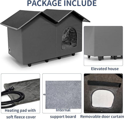 NAMOTEK Large Heated Cat Houses for Indoor/Outdoor Cats with Elevated Heated Cat Bed Waterproof， Insulated Providing Safe Feral Cats, Easy to Assemble Large (23" x 13" x 18")