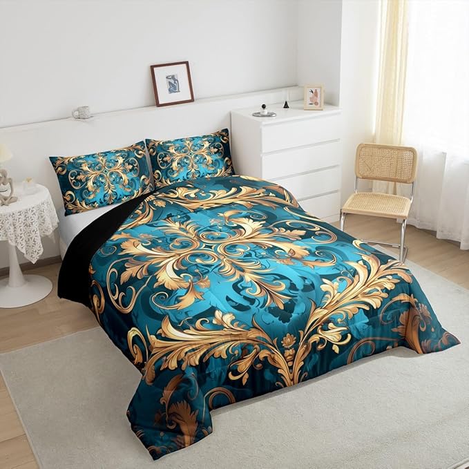 Erosebridal Hippie Damask Print Bedding Set Full Size, Flowers Vintage Fashion Comforter Set for Women Men Adults, Exotic Aztec Boho Paisley Duvet Insert, Fashion Victorian Baroque Quilt