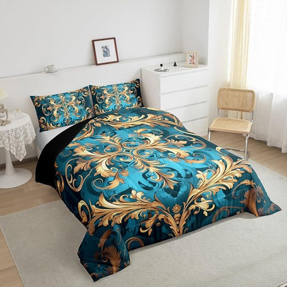 Erosebridal Hippie Damask Print Bedding Set King Size, Flowers Vintage Fashion Comforter Set for Women Men Adults, Exotic Aztec Boho Paisley Duvet Insert, Fashion Victorian Baroque Quilt