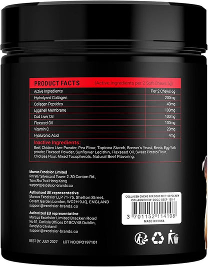 Collagen for Dogs - 150 Chews - Joint, Skin & Coat Supplement with Hyaluronic Acid, Eggshell Membrane & Vitamin C - Daily Hip & Joint Support for Senior Dogs & Puppies - Beef