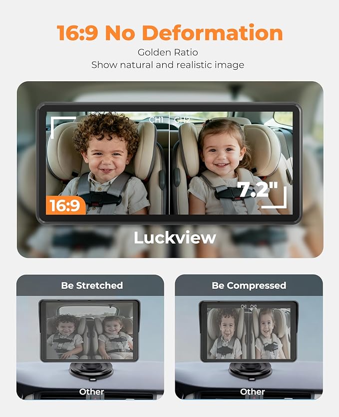 LUCKVIEW BM5PRO 7.2" 1080P HD Baby Car Camera for 2 Kids, Split Screen with IR Night Vision, Easy to Install & Adjust Brightness, Dual Car Camera Baby Monitor for Rear Seat Safety