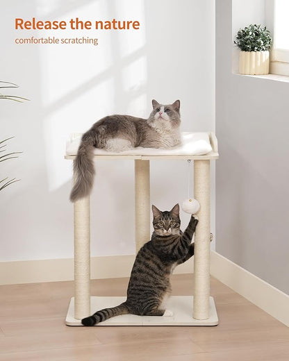 FourFurPets 26.7in Large Cat Tree Tower Condo, Cat Scratch Posts for Indoor Cats, Big Plate, Three 23.6in Full Sisal Scratching Posts, White