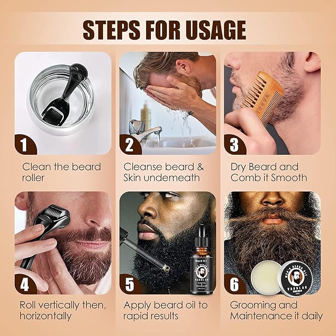 Varolan Beard Growth and Grooming Kit - Growth Oil (2Oz), Balm, Comb, E-book, Storage Bag, Mustache Mens Gift Set for Him