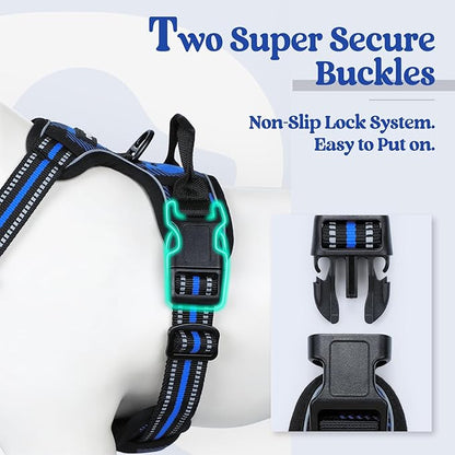 rabbitgoo Dog Harness No Pull with 2 Leash Clips, Adjustable Soft Padded, Reflective Oxford No Choke Pet Vest with Easy Control Handle for Large Dogs, Blue Plaid, XL