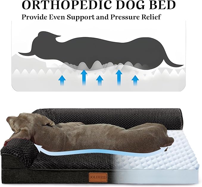 Orthopedic XL Dog Bed Large Sized Dog 48''X30'', Waterproof L Bolster Extra Large Egg Crate Foam Pet Crate Beds with Washable Removable Cover, Non-Slip Soft Pet Couch Mat, Black