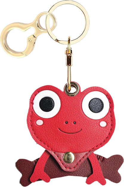 Leather Keychain Holder Case Compatible with AirTag,Cute Protective Cover with Keyring,Anti-Scratch Finder GPS Tracker Case for Wallet Keys,bag,pets,Backpack(Frog Red)