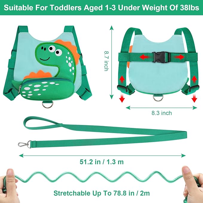 Accmor Toddlers Leash + Anti Lost Wrist Link, Baby Walking Harness Kids Safety Harness Cute Dinosaur Kids Walking Wristband Assistant Strap Belt for Boys (LightGreen)
