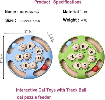 Cat Puzzle Toys Games Level 3 in 1 with Track Balls, Interactive Mentally Stimulating cat toys for IQ Training,Feather Teaser & Treat Feeder, Enrichment for Indoor Cats, Kitty Gift (Blue)