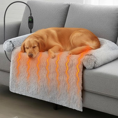 Heated Dog Couch Bed for Large Size Dog Adjustable Temperature & Timer 45 x 37 x 6 in Calming Plush Fur Pet Bed Couch Cover with Electric Heating Pad Fluffy Plush Sofa Mat for Large Medium Dogs Cats