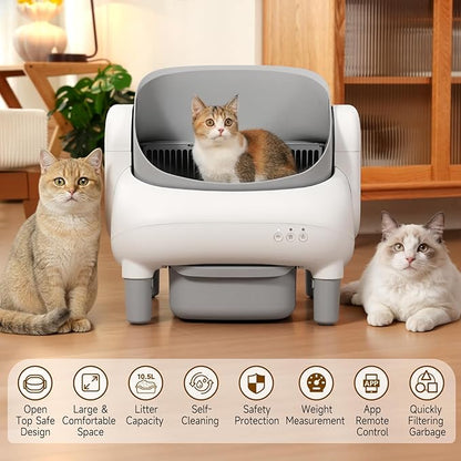 Automatic Cat Litter Box,Self Cleaning Litter Box for Multiple Cats with Open Top Design,App Control, Safety Protection,Ultra-Quiet,Easy Setup,Light Gray