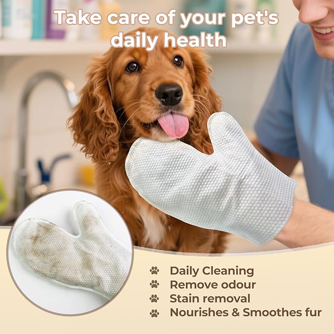 Pet Glove Wipes for Dogs Cats, Dog Cleaning Gloves, Dog Wipes Cleaning Deodorizing, Pet Wipes for Dogs Cats, Extra Thick, Unscented Rinse Free Nourish Fur Glove Wipes for Daily Care and Traveling-6pcs