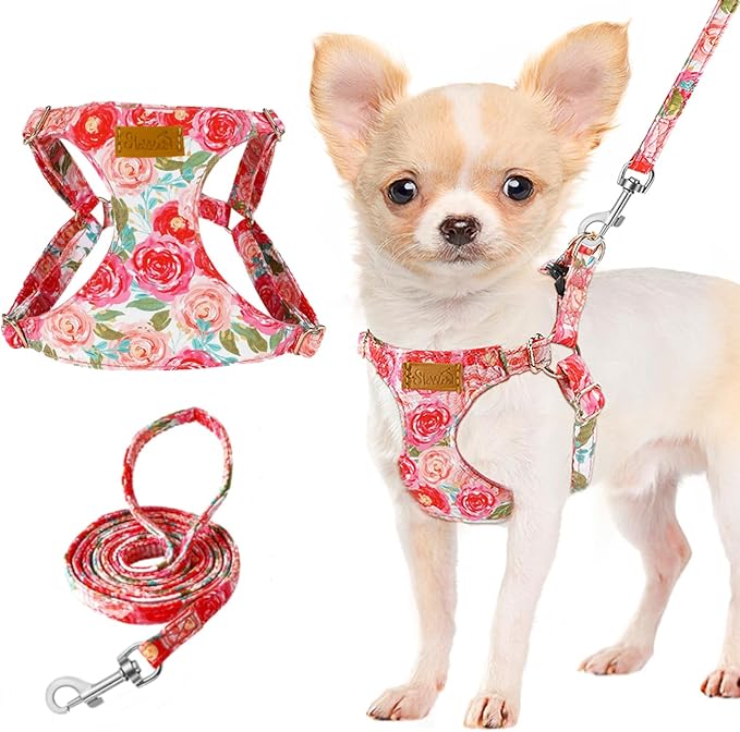 Lukovee Puppy Harness and Leash Set, No Pull Lightweight Soft Suede Adjustable Pet Harness Vest with Snap Buckle for Puppy Small and Medium Size Dog (Pink Rose, XS)