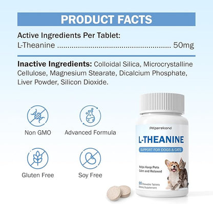 L-Theanine Supplement for Dogs and Cats, 50mg, 90 Chewable Tablets, Helps Keep Pets Calm & Relaxed
