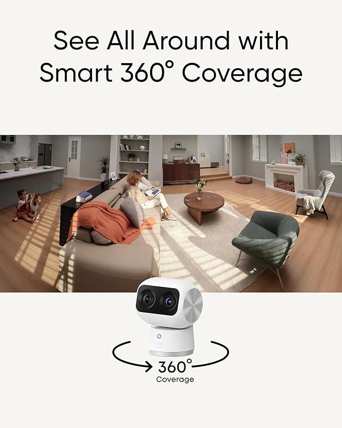 eufy Security 4K Indoor Camera S350-No Subscription, Dual Cameras,8× Zoom,360° Pan &Tilt, Work as Pet Camera,Nanny/Elder/Baby Monitor,AI Auto-Tracking, Human/Pet Detection, 2.4G/5G Wi-Fi
