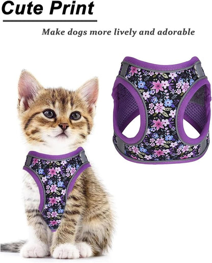 S Purple Flower Pattern Dog Harness and Leash Set,No Escape Puppy Harnesses for Training Walking，Breathable Adjustable Puppy Vest for Small Medium Dogs, Cats (Purple, S)