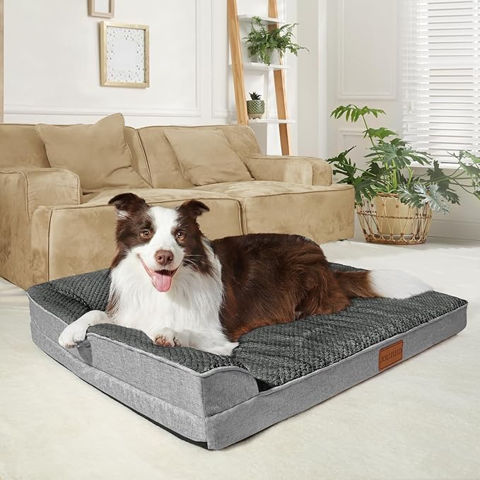 Orthopedic Dog Bed Medium Size Dog 30''X20'', Waterproof L Bolster Egg Crate Foam Pet Crate Beds with Washable Removable Cover, Non-Slip Soft Pet Couch Sleep Mat, Grey