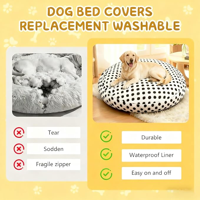 Washable Dog Bed Covers Round Replacement Dog Bed Covers, White 45 Inch Waterproof Sofa Cover with Dot Print Design for Medium & Large Pet Beds, Cover Only