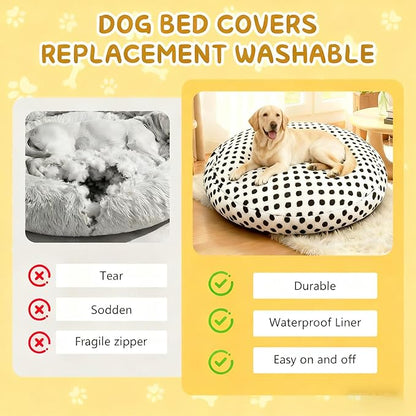 Washable Dog Bed Covers Round Replacement Dog Bed Covers, White 45 Inch Waterproof Sofa Cover with Dot Print Design for Medium & Large Pet Beds, Cover Only