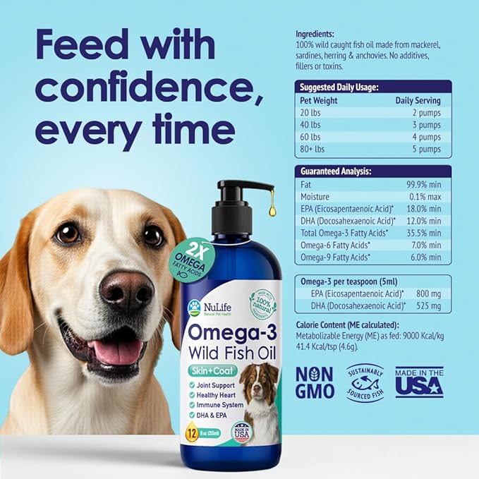 Wild Omega 3 Fish Oil for Dogs - Dog Fish Oil Liquid to Reduce Shedding & Itching - Supports Joints, Brain, and Heart Health - Fish Oil for Dogs Skin and Coat Supplement - Rich in EPA + DHA - 12oz