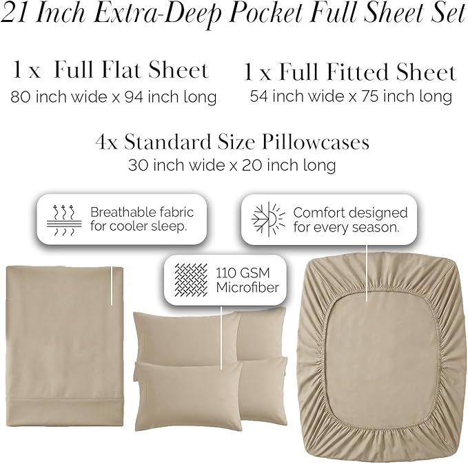 Southshore Fine Living, Inc. 6-Piece Full Bed Sheets Set, 21-Inch Deep Pocket Full Size Sheets Set, Deep Pocket Fitted Sheet, Flat Sheet, Microfiber Bedding, Taupe Pillow Cases, Taupe Bedding Set