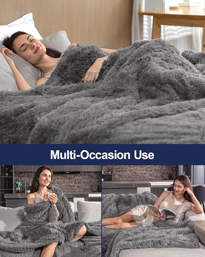 Pawque Faux Fur Blankets Queen Size Fluffy Soft, Sherpa Fleece Luxury Decorative Warm Cozy Blanket for Sofa Couch Bed, Breathable & Washable, Grey / 90x90 inches