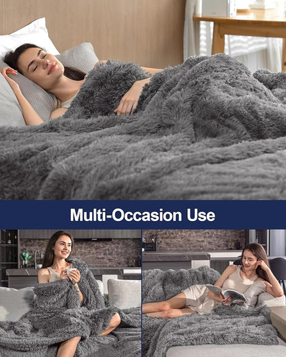 Pawque Faux Fur Blankets Queen Size Fluffy Soft, Sherpa Fleece Luxury Decorative Warm Cozy Blanket for Sofa Couch Bed, Breathable & Washable, Grey / 90x90 inches