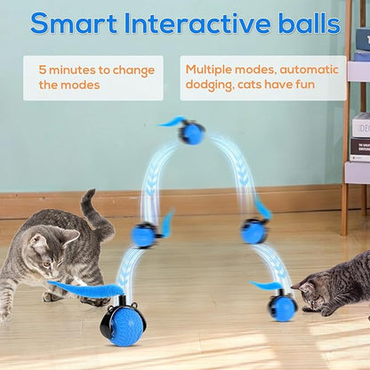 Smart Interactive Cat Toys for Indoor,Automatic Rolling Pet Ball,Teasing Hunting Toy for Kitten,3 Stimulating Modes,USB Recharge and Mouse Tail Toy 2 Tails Bule