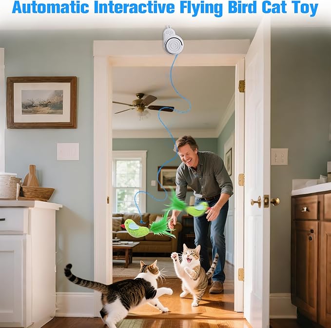 Interactive Cat Toys for Indoor Cats: Automatic Electric Flying Bird Feather & Mouse Wand, Rechargeable Electric Hanging Play Chase Exercise Moving Enrichment Toy for Bored Kittens and Adult Cats