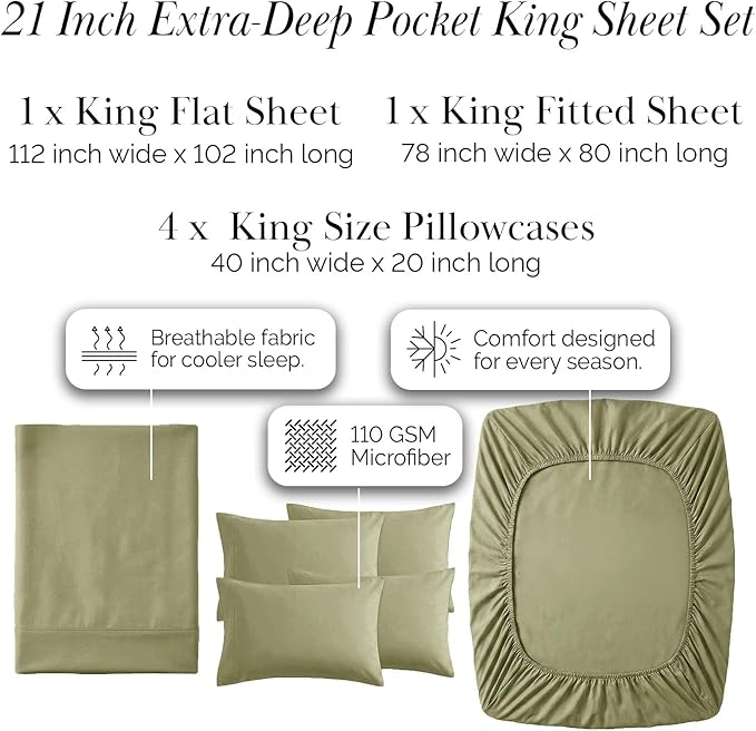 Southshore Fine Living, Inc. 21-Inch Deep Pocket King Sheet Set, 6-Piece Sage Green King Size Sheets Set, Full Elastic Fitted Sheet, Oversized Flat, 4 Pillow Cases, Sage Green Sheets