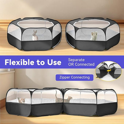 Pawaboo Small Animals Playpen, Portable Chicken Coop Run Large Chick Brooder with Zipper Splicing, Pop Up Pet Enclosure Cat Tent for Guinea Pig Bunny Puppy Indoor Outdoor, Black